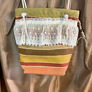 Colorful Striped Shoulder Bag with Lace Fringe